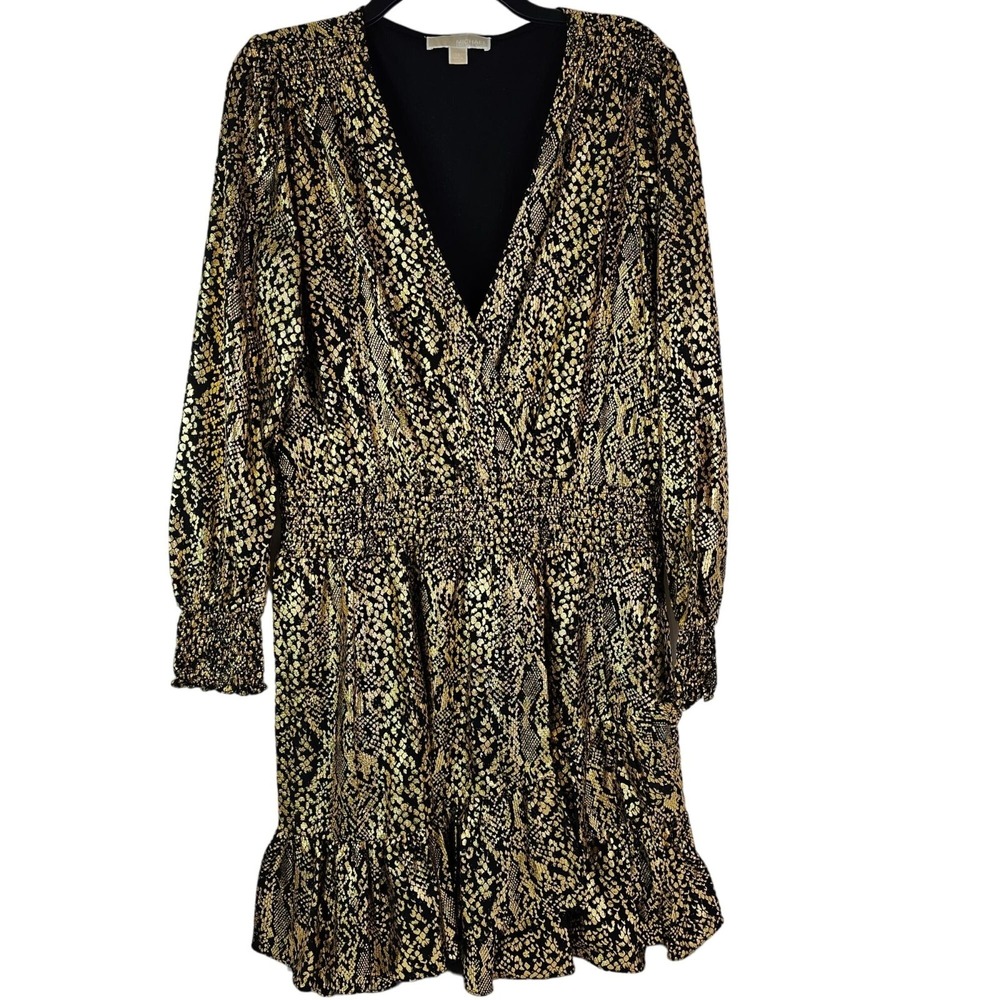 Michael Kors Julia Dress Foil Gold Black Snakeskin Print Ruffle LS XL Metallic - Picture 2 of 11